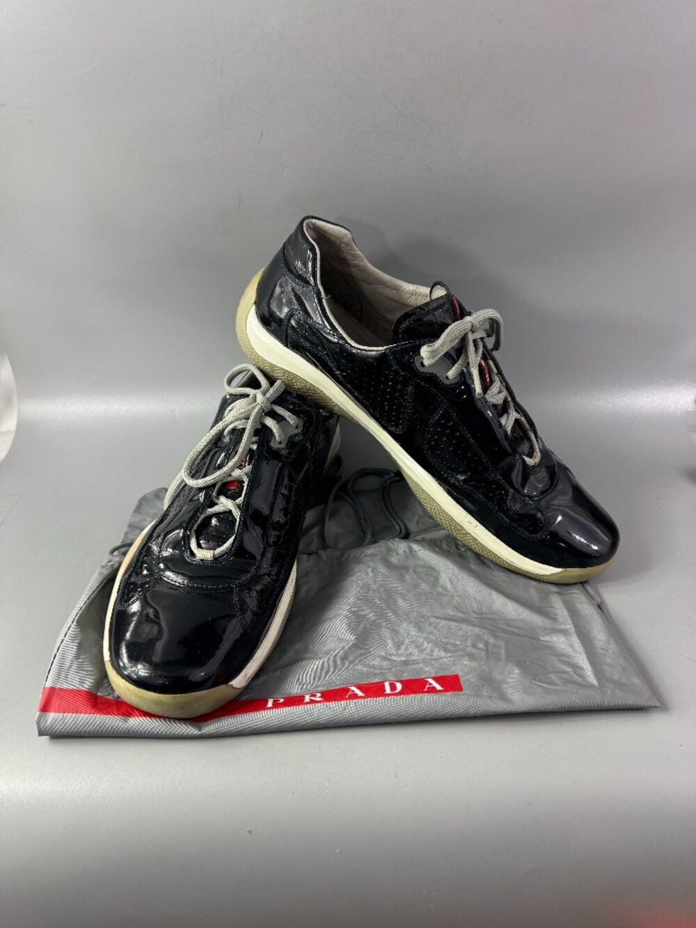 100% Authentic Prada Black Patent Leather Men's America's Cup Sneaker, Size 11.5